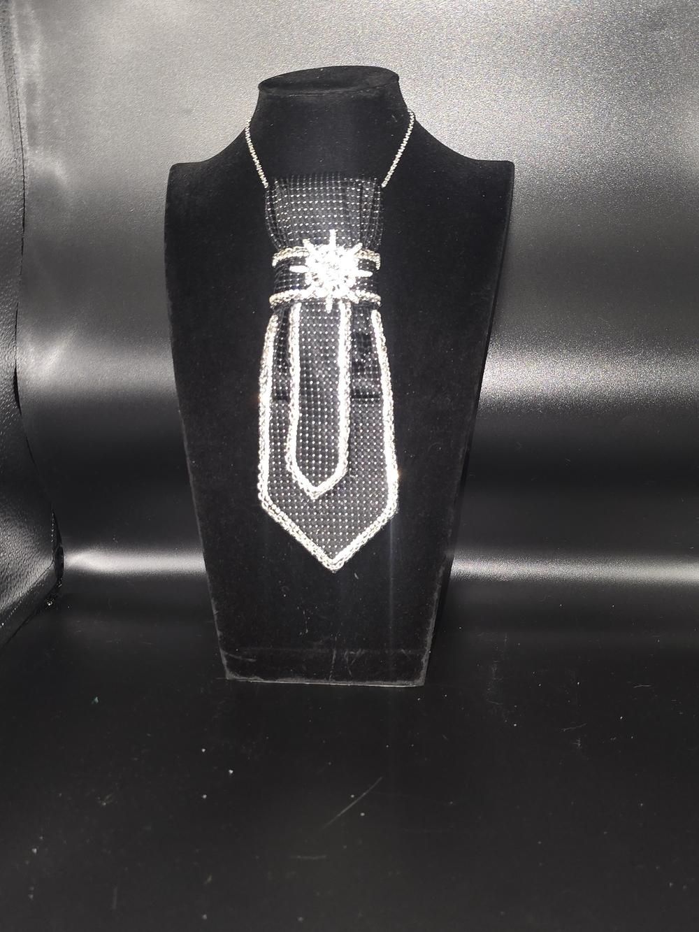 Black And Silver Crystal Tie Necklace -